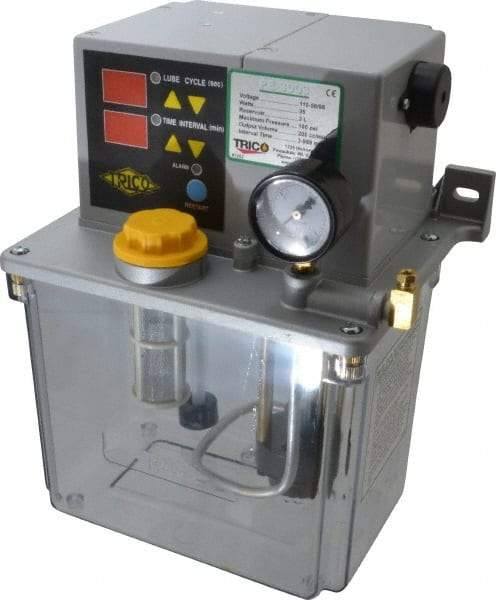 Trico - 3 L Reservoir Capacity, 0.2 cm Output per Hour, Electric Central Lubrication System - 3-999 Min Interval Between Cycles, 170mm Wide x 255mm High, 110 Volts, Oil, 5/16-24 Outlet Thread - Americas Tooling