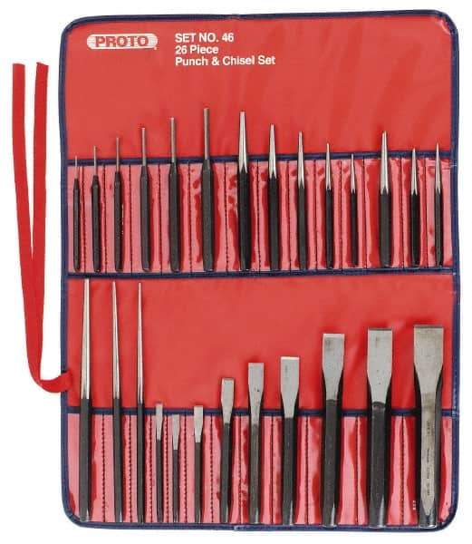 Proto - 26 Piece Punch & Chisel Set - 1/4 to 7/8" Chisel, 3/8 to 1/4" Punch, Round Shank - Americas Tooling