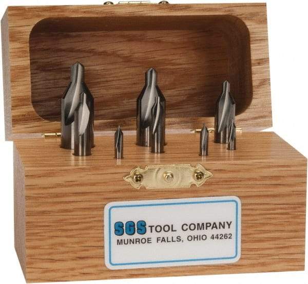 SGS - 8 Piece, #00 to 6, 1/8 to 1/2" Body Diam, 1/32 to 7/32" Point Diam, Plain Edge, Solid Carbide Combo Drill & Countersink Set - 60° Incl Angle, 1-1/2 to 3" OAL, Double End, 301 Series Compatibility - Americas Tooling