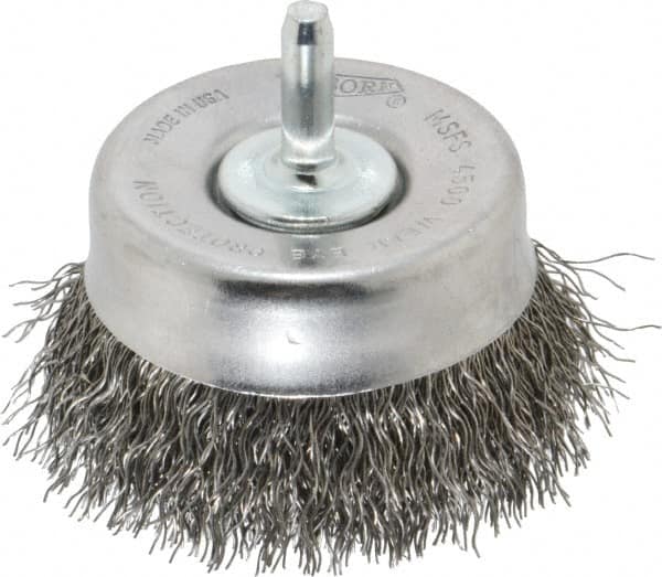 Osborn - 2-1/2" Diam, 1/4" Shank Diam, Steel Fill Cup Brush - 0.014 Wire Diam, 5/8" Trim Length, 4,500 Max RPM - Americas Tooling