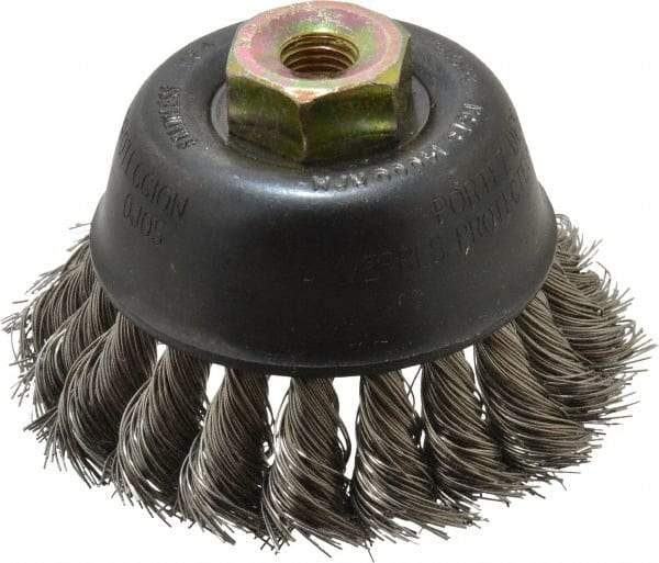 Osborn - 2-3/4" Diam, M10x1.25 Threaded Arbor, Stainless Steel Fill Cup Brush - 0.014 Wire Diam, 14,000 Max RPM - Americas Tooling