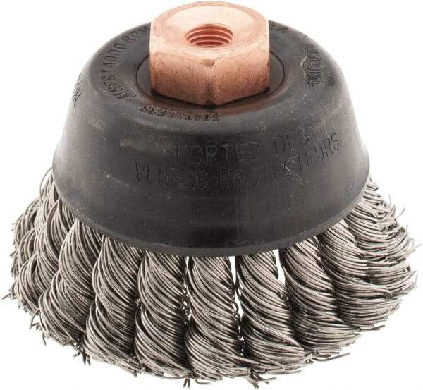 Osborn - 2-3/4" Diam, 3/8-24 Threaded Arbor, Stainless Steel Fill Cup Brush - 0.02 Wire Diam, 14,000 Max RPM - Americas Tooling