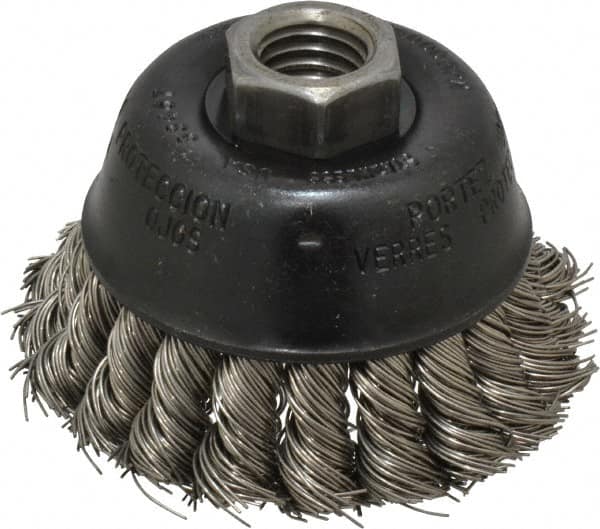 Osborn - 2-3/4" Diam, 5/8-11 Threaded Arbor, Stainless Steel Fill Cup Brush - 0.02 Wire Diam, 14,000 Max RPM - Americas Tooling