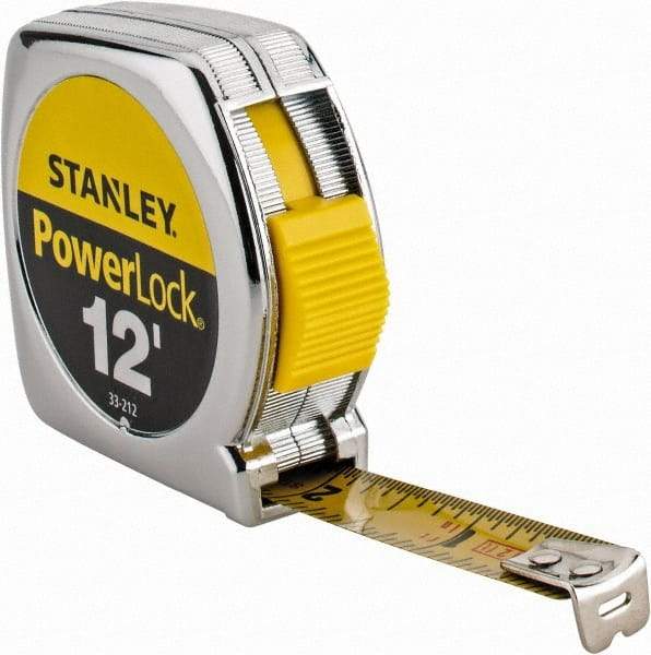 Stanley - 12' x 1/2" Yellow Blade Tape Measure - 1/32 & 1/16" Graduation, Inch Graduation Style, Silver Case - Americas Tooling