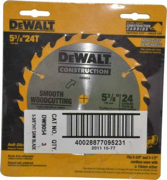 DeWALT - 5-3/8" Diam, 10mm Arbor Hole Diam, 24 Tooth Wet & Dry Cut Saw Blade - Carbide-Tipped, Smooth Action, Standard Round Arbor - Americas Tooling