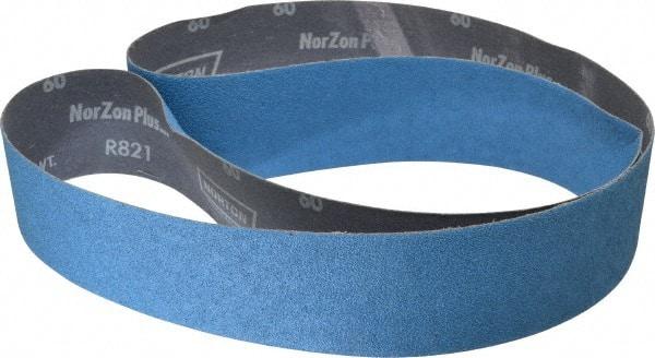 Norton - 2-1/2" Wide x 60" OAL, 60 Grit, Zirconia Alumina Abrasive Belt - Zirconia Alumina, Medium, Coated, Y Weighted Cloth Backing, Dry, Series R821 - Americas Tooling