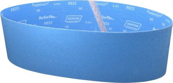 Norton - 6" Wide x 48" OAL, 60 Grit, Zirconia Alumina Abrasive Belt - Zirconia Alumina, Medium, Coated, X Weighted Cloth Backing, Series R823 - Americas Tooling