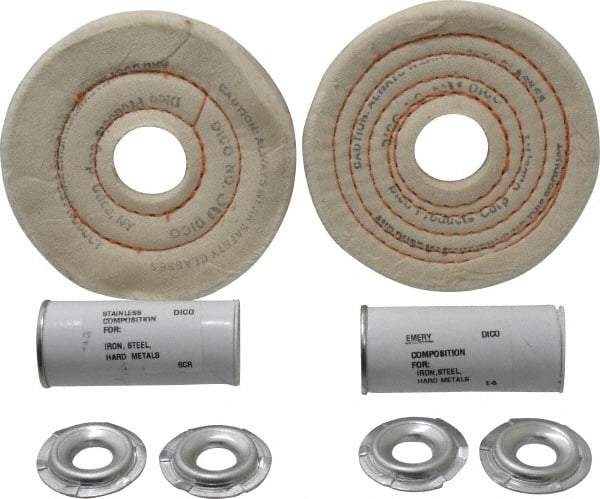 Dico - 4" Diam Cushion Sewn, Spiral Sewn Buffing Wheel Set - 1/2" Arbor Hole, Emery - Americas Tooling