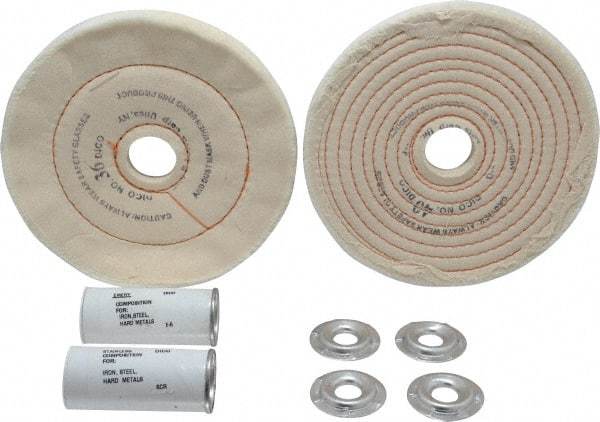 Dico - 6" Diam Cushion Sewn, Spiral Sewn Buffing Wheel Set - 1/2 - 1" Arbor Hole, Emery - Americas Tooling