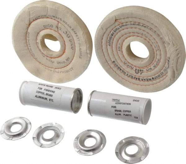 Dico - 4" Diam Cushion Sewn, Spiral Sewn Buffing Wheel Set - 1/2 - 1" Arbor Hole, Tripoli - Americas Tooling