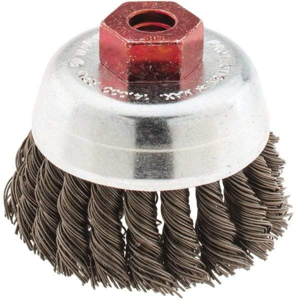 Anderson - 2-3/4" Diam, M10x1.50 Threaded Arbor, Steel Fill Cup Brush - 0.02 Wire Diam, 3/4" Trim Length, 14,000 Max RPM - Americas Tooling