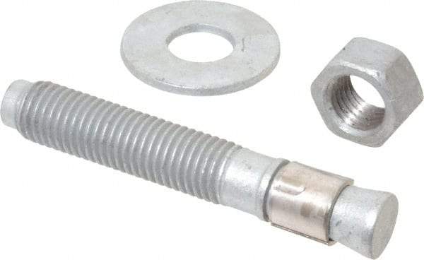 Made in USA - 3/4" Diam, 3/4" Drill, 4-3/4" OAL, 1-5/8" Min Embedment Wedge Expansion Concrete Anchor - Grade 5 Steel, Galvanized Finish, Hex Nut Head, Hex Drive, 2-7/8" Thread Length - Americas Tooling