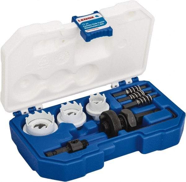 Lenox - 12 Piece, 7/8" to 1-3/8" Saw Diam, Electrician's Hole Saw Kit - Carbide-Tipped, Toothed Edge, Includes 3 Hole Saws - Americas Tooling