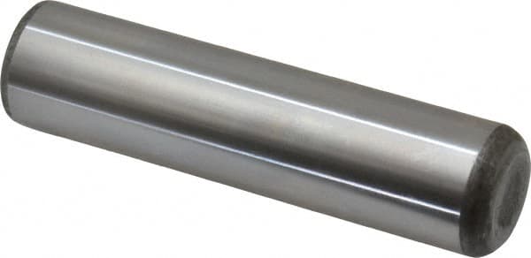 Made in USA - 1" Diam x 4" Pin Length Grade 8 Alloy Steel Standard Dowel Pin - Bright Finish, C 47-58 & C 60 (Surface) Hardness, 117,800 Lb (Single Shear), 235,600 Lb (Double Shear) Breaking Strength, 1 Beveled & 1 Rounded End - Americas Tooling