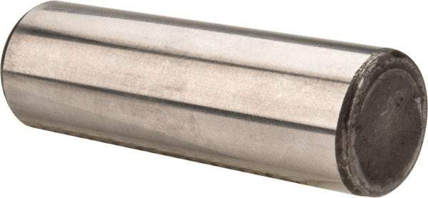 Made in USA - 5/8" Diam x 2" Pin Length Grade 8 Alloy Steel Standard Dowel Pin - Bright Finish, C 47-58 & C 60 (Surface) Hardness, 46,000 Lb (Single Shear), 92,000 Lb (Double Shear) Breaking Strength, 1 Beveled & 1 Rounded End - Americas Tooling