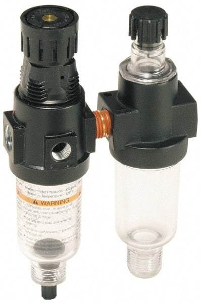 Wilkerson - 1/4" NPT Port Miniature 2 Piece Filter/Regulator-Lubricator FRL Unit - Polycarbonate Bowl, 20 SCFM, 150 Max psi, 6.21" High, Manual Drain - Americas Tooling