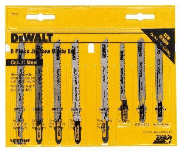 DeWALT - 8 Piece, 3" to 4" Long, 6 to 26 Teeth per Inch, Jig Saw Blade Set - T-Shank - Americas Tooling