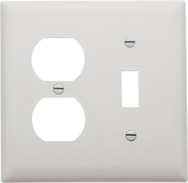 Pass & Seymour - 2 Gang, 4-1/2 Inch Long x 4-3/4 Inch Wide, Standard Combination Wall Plate - One Toggle Switch/One Duplex Outlet, White, Nylon - Americas Tooling