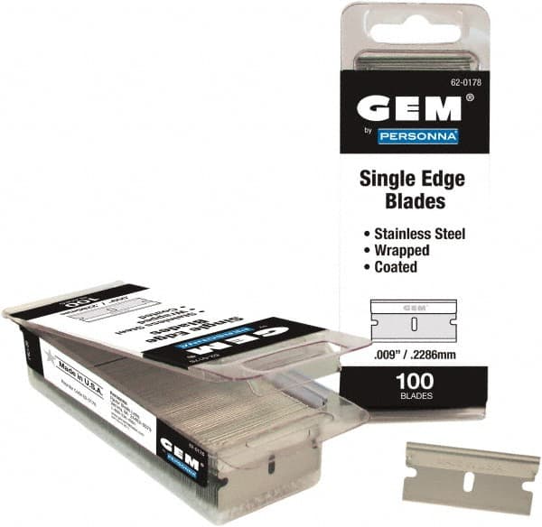 GEM - 100 Piece Stainless Steel Single Edge Blade - 1-1/2" OAL, 0.009" Blade Thickness - Americas Tooling