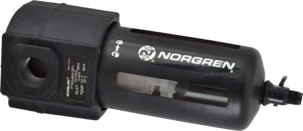 Norgren - 1/2" Port, 7.95" High x 3.15" Wide Standard Filter with Polycarbonate Bowl, Manual Drain - 140 SCFM, 150 Max psi, 125°F Max Temp, Modular Connection, Bowl Guard, 7 oz Bowl Capacity - Americas Tooling