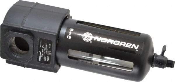 Norgren - 3/4" Port, 7.95" High x 3.15" Wide Standard Filter with Polycarbonate Bowl, Manual Drain - 140 SCFM, 150 Max psi, 125°F Max Temp, Modular Connection, Bowl Guard, 7 oz Bowl Capacity - Americas Tooling