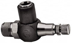 Norgren - 1/2" Tube Inlet x 1/2" NPTF Outlet Right Angle Adjustable Flow Control Valve - 5 to 150 psi, Needle Valve & Thermoplastic Material - Americas Tooling