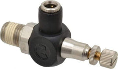 Norgren - 1/4" Tube Inlet x 1/4" NPTF Outlet Right Angle Adjustable Flow Control Valve - 5 to 150 psi, Needle Valve & Thermoplastic Material - Americas Tooling