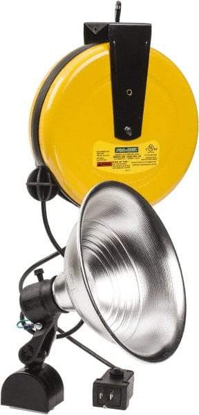 Made in USA - 18 AWG, 50' Cable Length, Cord & Cable Reel with Incandescent Hand Lamp End - 0 Outlets, 15 Amps, 110/115 Volts, SJT Cable, White/Black Reel - Americas Tooling