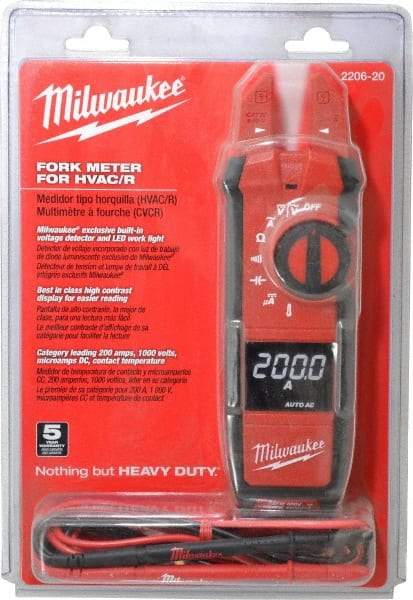 Milwaukee Tool - 2206-20, CAT IV, CAT III, Digital True RMS Clamp Meter with 0.63" Fork Jaws - 1000 VAC/VDC, 200 AC/DC Amps, Measures Voltage, Capacitance, Continuity, Current, Resistance, Temperature - Americas Tooling