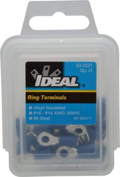 Ideal - 16-14 AWG Partially Insulated Crimp Connection Circular Ring Terminal - #8 Stud, 0.858" OAL x 0.394" Wide, Tin Plated Brass Contact - Americas Tooling