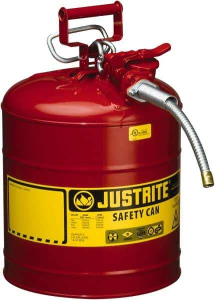 Justrite - 5 Gal Galvanized Steel Type II Safety Can - 17-1/2" High x 11-3/4" Diam, Red with Yellow - Americas Tooling