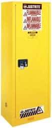 Justrite - 1 Door, 3 Shelf, Yellow Steel Space Saver Safety Cabinet for Flammable and Combustible Liquids - 65" High x 23-1/4" Wide x 18" Deep, Manual Closing Door, 22 Gal Capacity - Americas Tooling