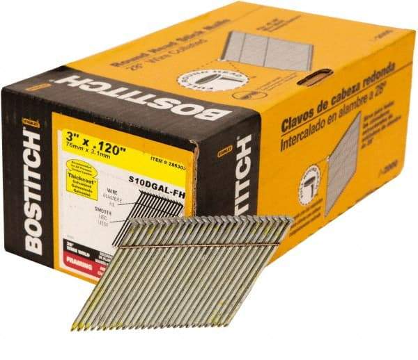 Stanley Bostitch - 11 Gauge 0.12" Shank Diam 3" Long Framing Nails for Power Nailers - Steel, Galvanized Finish, Smooth Shank, Angled Stick Wire Collation, Round Head, Diamond Point - Americas Tooling