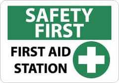 NMC - "Safety First - First Aid Station", 10" Long x 14" Wide, Aluminum Safety Sign - Rectangle, 0.04" Thick, Use for First Aid - Americas Tooling