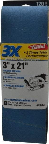 Norton - 3" Wide x 21" OAL, 120 Grit, Zirconia Alumina Abrasive Belt - Zirconia Alumina, Fine, Coated, Y Weighted Cloth Backing, Series 3X - Americas Tooling