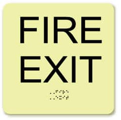 NMC - Fire Exit, Plastic Fire Sign - 8" Wide x 8" High, English/Braille, Glow-in-the-Dark - Americas Tooling