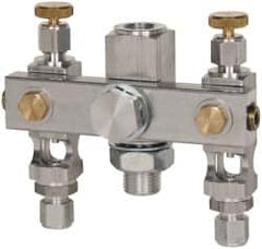 LDI Industries - 5/8-18 Outlet Thread, 1/4 Inlet Thread, Aluminum, Straight Valve, Oil Reservoir Needle Valve Manifold - 2 Outlet, 4-3/16" Wide, NPTF Inlet Thread, UNF Outlet Thread - Americas Tooling