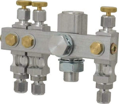 LDI Industries - 5/8-18 Outlet Thread, 1/4 Inlet Thread, Aluminum, Straight Valve, Oil Reservoir Needle Valve Manifold - 3 Outlet, 4-15/16" Wide, NPTF Inlet Thread, UNF Outlet Thread - Americas Tooling