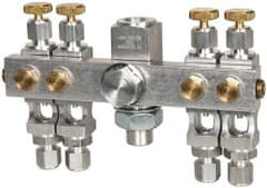 LDI Industries - 5/8-18 Outlet Thread, 1/4 Inlet Thread, Aluminum, Straight Valve, Oil Reservoir Needle Valve Manifold - 4 Outlet, 5-11/16" Wide, NPTF Inlet Thread, UNF Outlet Thread - Americas Tooling