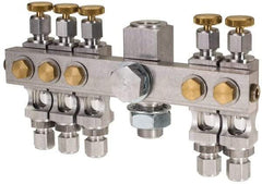 LDI Industries - 5/8-18 Outlet Thread, 1/4 Inlet Thread, Aluminum, Straight Valve, Oil Reservoir Needle Valve Manifold - 5 Outlet, 6-7/16" Wide, NPTF Inlet Thread, UNF Outlet Thread - Americas Tooling