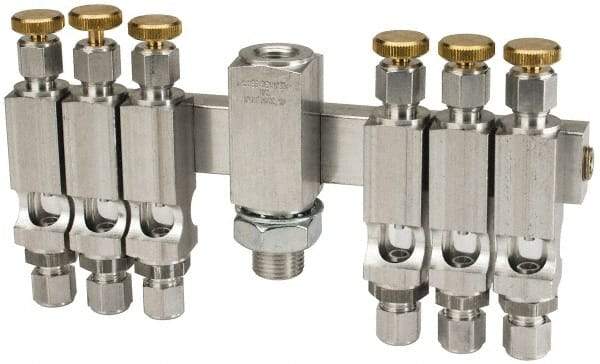 LDI Industries - 5/8-18 Outlet Thread, 1/4 Inlet Thread, Aluminum, Straight Valve, Oil Reservoir Needle Valve Manifold - 6 Outlet, 7-3/16" Wide, NPTF Inlet Thread, UNF Outlet Thread - Americas Tooling