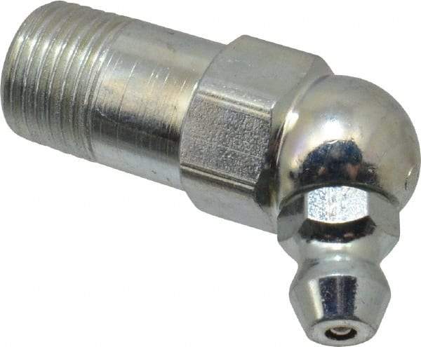 Alemite - 65° Head Angle, 1/8 PTF Carbon Steel Standard Grease Fitting - 7/16" Hex, 1-7/32" Overall Height, 9/16" Shank Length, 10,000 Operating psi, Zinc Plated Finish - Americas Tooling