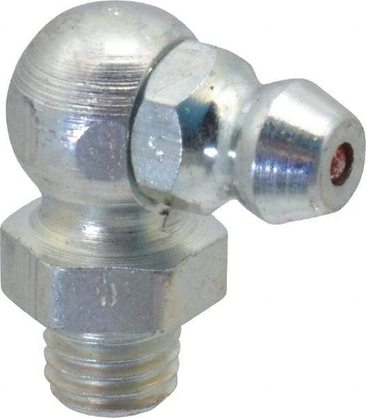 Alemite - 90° Head Angle, 1/4-28 Taper Steel Taper Thread Grease Fitting - 3/8" Hex, 3/4" Overall Height, 13/64" Shank Length, 10,000 Operating psi, Zinc Plated Finish - Americas Tooling