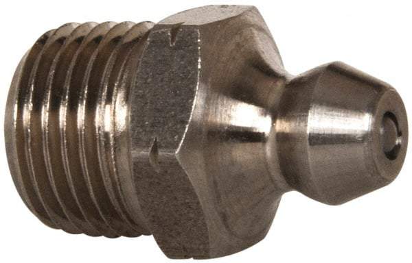 Alemite - Straight Head Angle, 1/4-28 Taper Nickel/Copper Standard Grease Fitting - 5/16" Hex, 17/32" Overall Height, 3/16" Shank Length - Americas Tooling