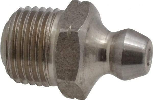 Alemite - Straight Head Angle, 1/8 PTF Nickel/Copper Standard Grease Fitting - 7/16" Hex, 3/4" Overall Height, 5/16" Shank Length - Americas Tooling