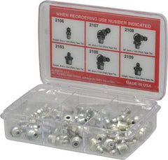 Alemite - 44 Piece, Metric, Box Grease Fitting Set - Includes Metric Thread Types, Includes M10x1: (10) Straight, M6x1: (10) Straight, (6) 45°, (6) 90°, M8x1: (6) Straight, (6) 90° - Americas Tooling