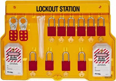 Master Lock - 14 Piece, Equipped Polycarbonate Padlock Station - 22 Inch Wide x 15-1/2 Inch High x 1-3/4 Inch Deep, Black on Yellow, Covered - Americas Tooling