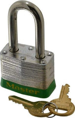 Master Lock - Keyed Different Retaining Key Conductive Lockout Padlock - 1-1/2" Shackle Clearance, 9/32" Shackle Diam, 1-1/4" Body Height x 1-9/16" Body Width, Green, 4 Pins - Americas Tooling