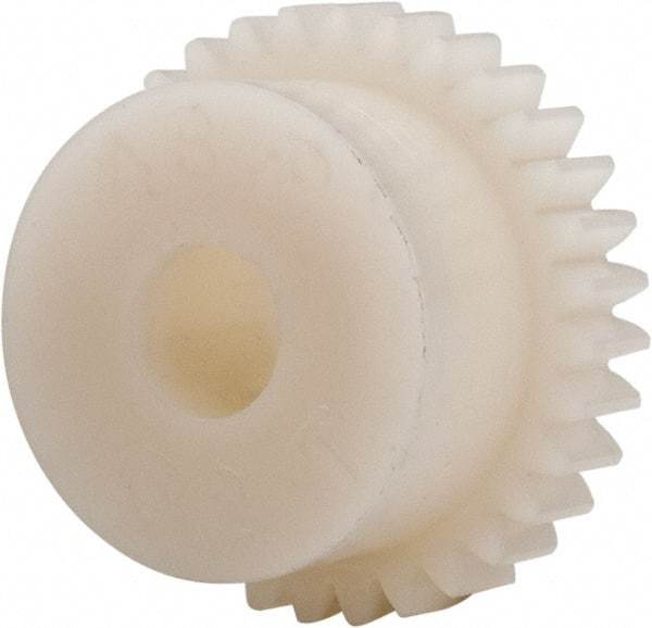 Made in USA - 48 Pitch, 0.667" Pitch Diam, 0.708" OD, 32 Tooth Spur Gear - 1/8" Face Width, 3/16" Bore Diam, 35/64" Hub Diam, 20° Pressure Angle, Acetal - Americas Tooling