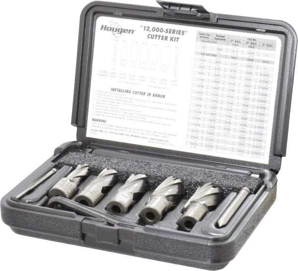 Hougen - 8 Piece, 9/16 to 1-1/16" Cutter Diam, 1" Cutting Depth, High Speed Steel Annular Cutter Set - Bright Finish, 3/4" Shank Diam, 9/16, 11/16, 13/16, 15/16, 1-1/16" Cutter Diams, 2 Flats on Shank - Americas Tooling